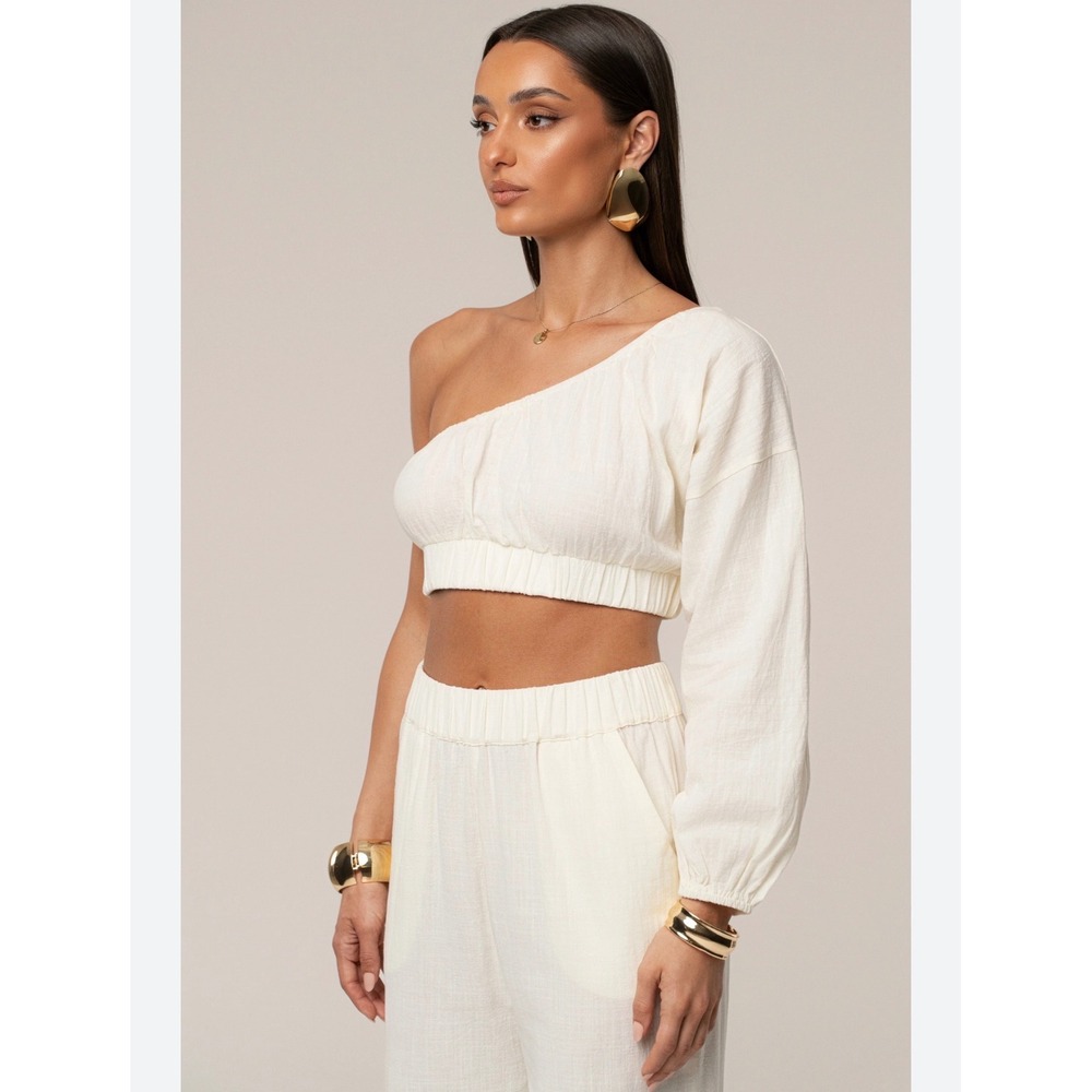 JLUXLABEL One Shoulder Crop Top Womens Medium Cream Excellent Cotton